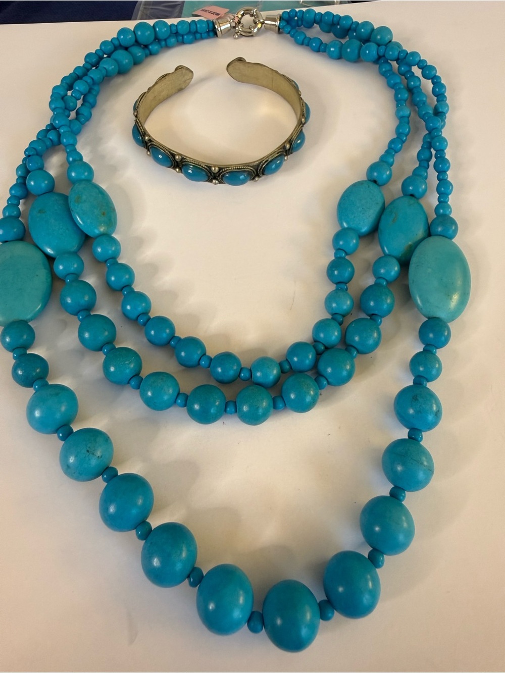 Turquoise Blue Multi Strand Necklace & Silver Tone Cuff Bracelet Set